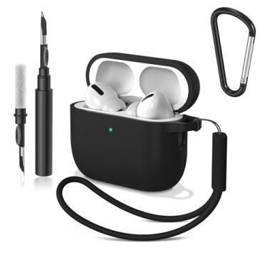 Imagem de Vanjua Capa protetora para AirPods Pro 3 2025, capa protetora de silicone macio para Apple AirPods Pro 3ª geração com kit de limpeza de chaveiro, capa para AirPod Pro 3 para mulheres e homens (preto)