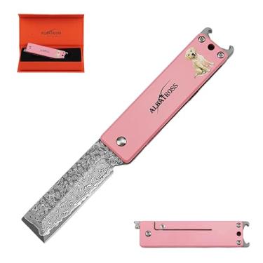 Imagem de ALBATROSS Canivete de bolso com estampa de cachorro rosa damasco fofo - enchimento de meia para mulheres, liga de titânio de 9 cm, cortador de caixa - chaveiro Edc Gadgets com abridor de garrafa