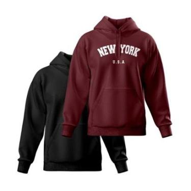 Imagem de Kit 2 Moletom Modelo Canguru Com Capuz Masculino e Feminino Liso e Estampado New York-Masculino
