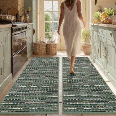 Imagem de Conjuntos de 2 tapetes de cozinha antiderrapantes para piso grosso resistente a manchas vintage tapete de cozinha tapete de corredor para corredores entrada lavanderia lavável (verde 51 x 119 cm + 51