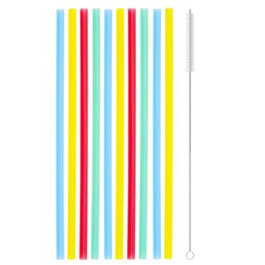 Imagem de 12 canudos reutilizáveis que mudam de cor, canudos plásticos rígidos de 22 cm com escova de limpeza para pote de pedreiro para família ou decoração de suco de chá de bebê de aniversário