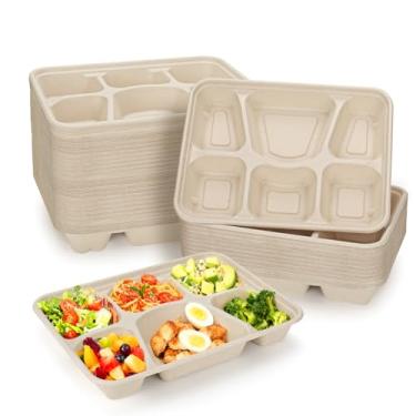 Imagem de Pacote com 50 pratos de papel descartáveis com 6 compartimentos, bandeja de almoço escolar de bagaço compostável, pratos seccionais biodegradáveis para alimentos de cana de açúcar, bandeja dividida