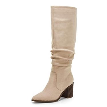 Imagem de Huiyuzhi Bota feminina casual com corte em V, bico fino, salto grosso, sem cadarço, com babados, botas ocidentais, bege, 6.5 UK
