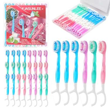 Imagem de JASUNLEE Pacote com 30 escovas de dentes descartáveis com pasta de dente, raspador de língua, fio dental, mini escova de dentes portátil pré-colada para viagem, para crianças e adultos