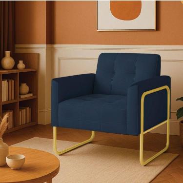 Imagem de Poltrona Sala Industrial Alta Tubo Dourado Elisa Suede Azul Marinho D03 - D`rossi