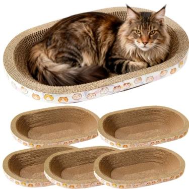 Imagem de Spindro Pacote com 5 grandes arranhadores de papelão, cama oval para arranhadores de gatos, sofá para ambientes internos, em forma de tigela, ninho para gatos, moagem, garra e protetor de móveis