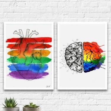 Imagem de Kit 2 Quadros Coração E Cérebro Gay 45X34Cm - Madeira Preta - Quadros 