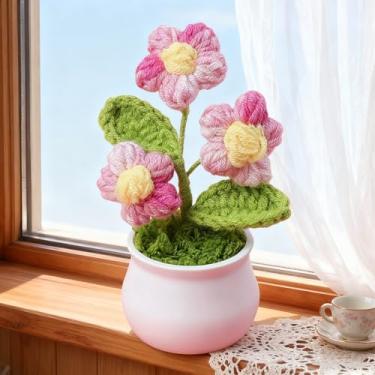 Imagem de Flor artificial de crochê, decoração floral tricotada feita à mão, buquê de fio macio para casa, escritório, decoração de mesa (puffs de 3 cabeças)