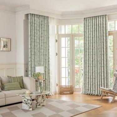 Imagem de ENJOYBRIDAL Conjunto de 2 painéis de cortinas de pinha verde 246 cm, cortinas brancas com acabamento de renda, ilhós para sala de estar, semi blackout, painéis de cortina de janela longos, decorativos