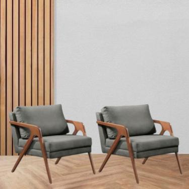 Imagem de Kit 2 Poltronas Decorativa Braço de Madeira Mona Linho Cinza