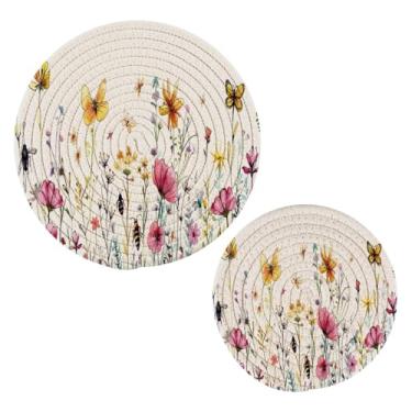 Imagem de Blueangle 2 peças de suporte de panela de flores silvestres de ervas - conjunto de pegadores de panela de tecido redondo - almofadas quentes trançadas de algodão - porta-copos - tapetes de mesa para