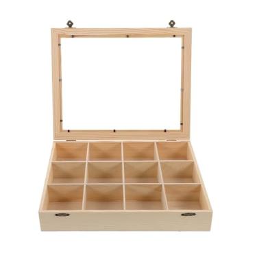 Imagem de Cabilock Organizador de coleção de pedra de madeira com tampa transparente para exibição de amostras minerais, colecionáveis de rocha e armazenamento de cristal, caixa de 12 grades