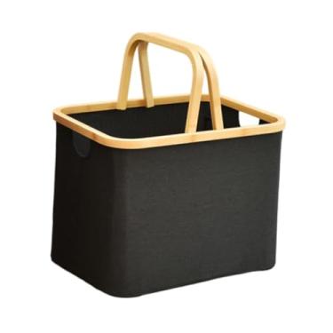 Imagem de Fenteer Cesto de armazenamento dobrável para organização doméstica Cesto de roupas sujas Cesto de armazenamento com alça de madeira para banheiro Brinquedos, Preto