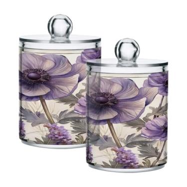 Imagem de ATTX Dispensador de suporte Qtip de lavanda roxa para bola de algodão, cotonete, frasco de boticário de plástico transparente, pote de armazenamento de cozinha para decoração de casa, pacote com 2