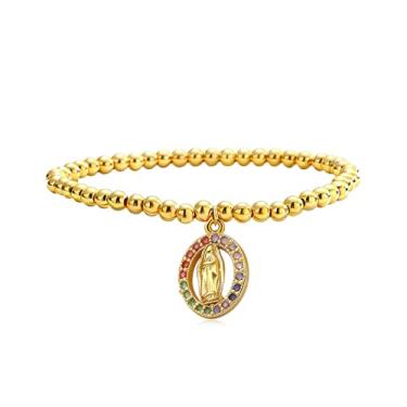 Imagem de Embtrem Pulseiras femininas com contas douradas ajustáveis e cruzadas com pingente de amizade, aniversário, joias religiosas, cristãs, presentes para Natal, aniversário, Large, Metal, Sem Pedra