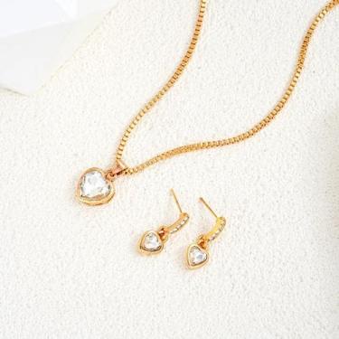 Imagem de Kit Colar E Brincos Conjunto Feminino Coração Zircônia Dourado Luxo - 