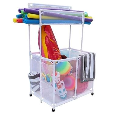 Imagem de Essentially Yours Suporte organizador de equipamentos de armazenamento de piscina – Noodles, brinquedos, bolas e boias de malha com rolo de dois andares, grande com suporte de macarrão, (89,7 cm L x