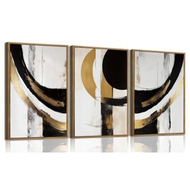 Imagem de KISSFOX Arte de parede emoldurada de 3 peças, decoração de parede abstrata, imagens douradas, modernas, geométricas, pinturas minimalistas, obras de arte para sala de estar, quarto, escritório