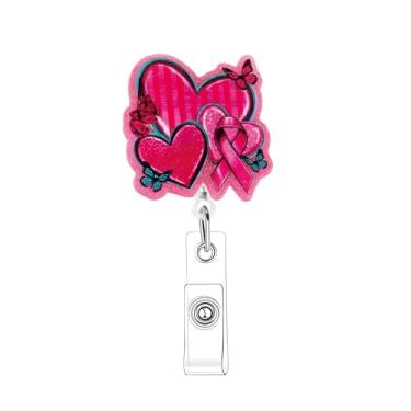 Imagem de Carretel de crachá de coração engraçado rosa vermelho para crachá de dia dos namorados clipe retrátil para enfermeira médica dia dos namorados nome ID enfermeira crachá carretel acrílico clipe jacaré