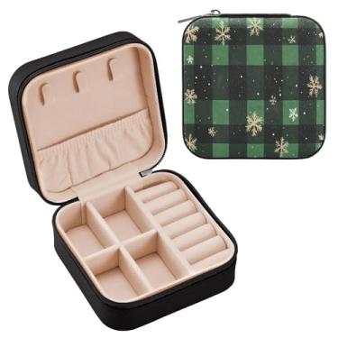 Imagem de Wassud Estojo de joias de viagem xadrez verde para mulheres, meninas, senhoras, noiva, mini organizador de joias de couro PU, caixa quadrada de armazenamento de joias para brincos, anéis, colar