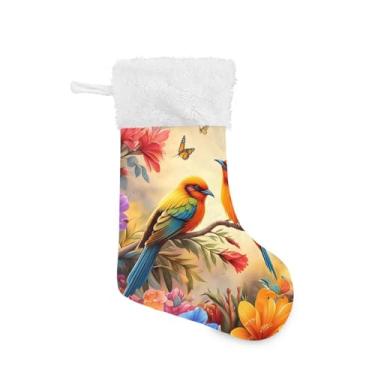 Imagem de Wassud Meia de Natal fofa com punho branco, dois pássaros, flores coloridas, 45,7 cm, grande para decoração de lareira e cornija, 1 pacote