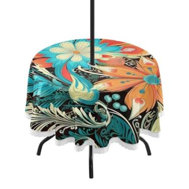 Imagem de CEBUGI Toalha de mesa redonda para uso ao ar livre, abstrata, floral, impermeável, com furo Umberlla, capa de mesa lavável para pátio, cozinha, sala de jantar, 152 cm
