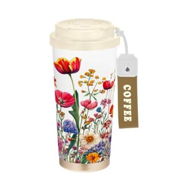 Imagem de Wassud Caneca de café colorida de flores silvestres isolada para viagem copo à prova de vazamento com tampa e canudo garrafa de água de aço inoxidável para café quente/gelo, chá e cerveja