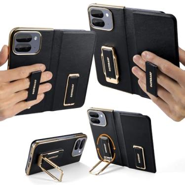 Imagem de Capa dobrável Dual Grip Pixel 10 Pro com suporte, proteção total de couro e metal para dobradiça Pixel Fold 10 Pro com alça de pulso, capa à prova de queda para Google 10 Pro, preta