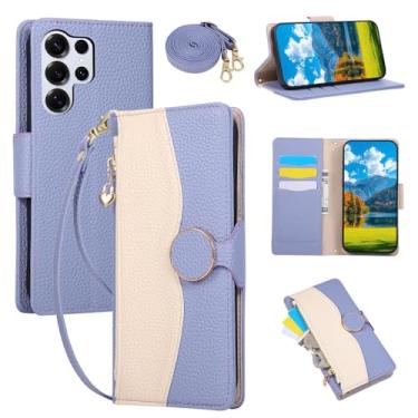 Imagem de Capa de couro com zíper e alça transversal para celular Samsung S25 Edge S24 Ultra S21 FE S23 S22 Plus Note 20, com compartimento para cartões, azul, compatível com Galaxy S21+ 5G.