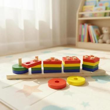 Imagem de Brinquedo Montessori 5 Colunas Madeira Infantil Divertido Brinquedo Pe