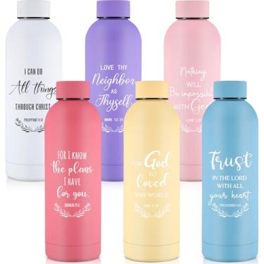 Imagem de Mysora 6 garrafas de água cristãs de aço inoxidável com tampa, presentes de Natal, 500 ml, garrafas de água esportivas reutilizáveis, presentes religiosos para eventos da igreja, estudo bíblico