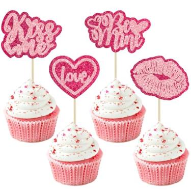 Imagem de Gyufise 24 peças de topo de cupcake de dia dos namorados rosa vermelho glitter coração Be Mine Kiss Me batom escolhas de cupcake tema dia dos namorados casamento noivado chá de panela suprimentos de