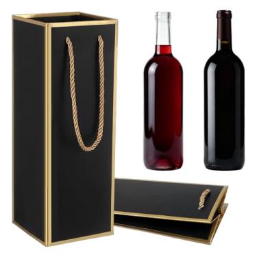 Imagem de Ouligay Pacote com 2 sacos de presente de garrafa de vinho, saco de presente de vinho preto, 10 x 10 x 28 cm, sacos reutilizáveis para bebidas com estampa de folha dourada, bolsa de vinho preto para