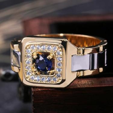 Imagem de Personalidade Fahsion Dois Tons Embutido Pedra Preciosa Sintética Azul Anéis Quadrados para Mulheres Joias Casuais de Festa, 8, Cobre, Criou Blue Sapphire