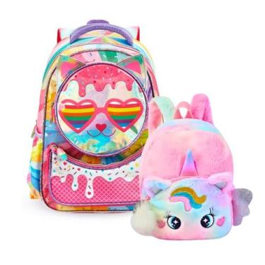 Imagem de Mochila Costas Infantil Gatinha 3D e Bolsa de Passeio Unicórnio Pelúci