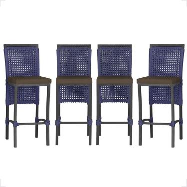 Imagem de 4 Banqueta Em Alumínio Roma Preta Corda Náutica Tecido 9 Azul