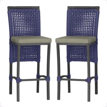 Imagem de 2 Banqueta Em Alumínio Roma Preta Corda Náutica Tecido 8 Azul