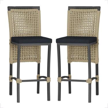 Imagem de 2 Banqueta Em Alumínio Roma Preta Corda Náutica Tecido 12 Rami