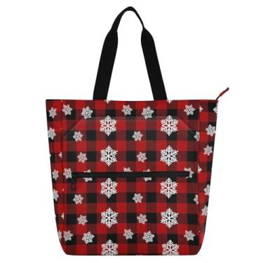 Imagem de ODAWA Snowflakes Red Black Buffalo Plaid Book Tote Bag para crianças reutilizável bolsa de ombro para livros de música e biblioteca