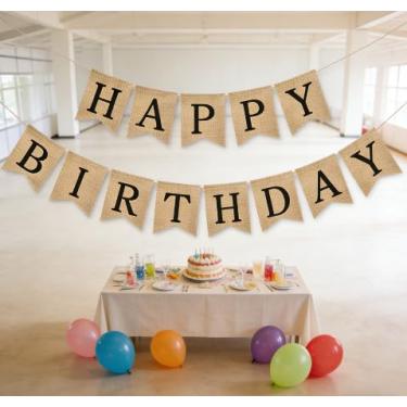 Imagem de Faixa de feliz aniversário de serapilheira vintage de 1,8 m, guirlanda prática de juta para decoração de festa de aniversário, reutilizável para festas de feliz aniversário para festas internas e
