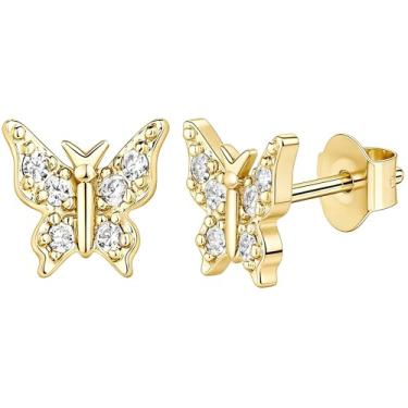 Imagem de Brincos delicados para mulheres, banhado a ouro 14K sobre prata esterlina com zircônia cúbica, brincos delicados com design de asa para presente diário, Medium, Cobre, Sem pedra preciosa