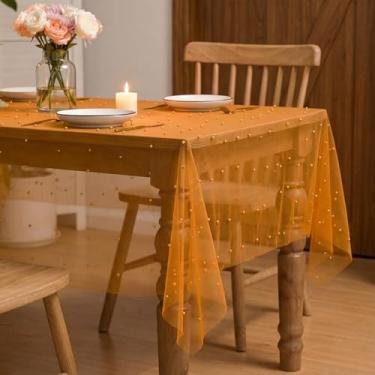 Imagem de Horaldaily Toalha de mesa de gaze laranja pérola laranja 132 × 187 cm, retangular, primavera verão, tule renda, toalha de mesa de chá de noiva, para decoração de mesa de aniversário de casamento