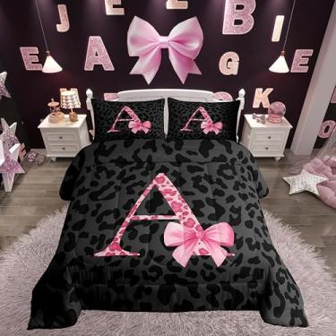 Imagem de jejeloiu Jogo de cama casal com letra A com estampa de leopardo, rosa, laço e alfabeto, edredom para crianças, meninas, mulheres, quarto de guepardo, microfibra ultramacia e respirável