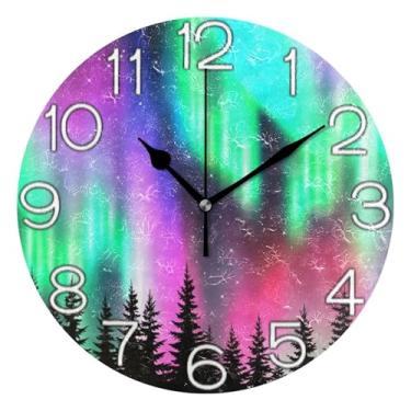 Imagem de Relógio de parede analógico decorativo colorido céu noturno árvore preta relógio de sala de aula escritório redondo sem tique-taque silencioso, decoração de parede de meados do século sala de estar