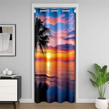 Imagem de Feelyou Cortina de porta de praia pôr do sol para privacidade de porta 106,7 cm x 203,2 cm com estampa oceânica costeira para quarto, sala de estar, paisagem natural, divisória de quarto