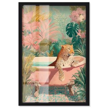 Imagem de Cheetah Tropical Bathroom Vibes Shadowbox Print Bathroom Wall Art por Art Remedy, moldura preta, 53 x 78 cm
