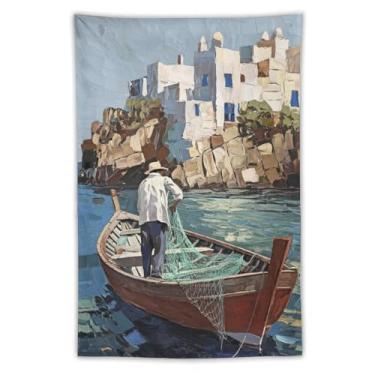 Imagem de Tapeçaria de barco pescador, pedra branca, rede de pesca de aldeia costeira, cena de captura, paisagem vibrante, decoração de parede, para sala de estar, quarto, casa, decoração cênica, peça