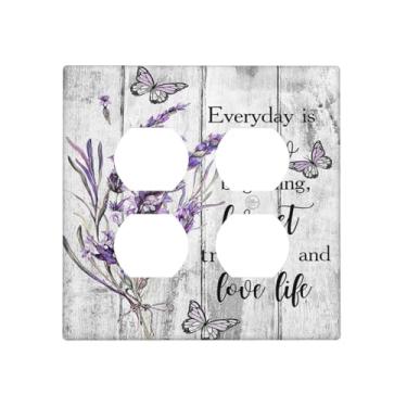 Imagem de Wpshijia Capas de tomada decorativas flor lavanda borboleta floral roxa na prancha citação inspiradora placa de parede dupla dupla luz interruptor capa placa de interruptor placa frontal
