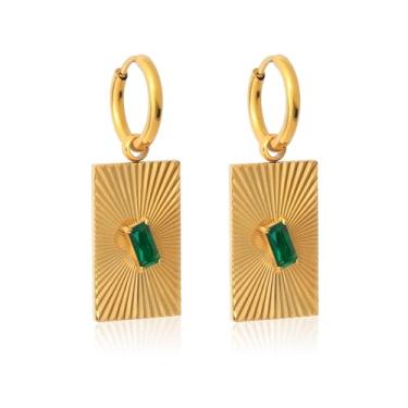 Imagem de TaYolnFaSo Brinco de argola listrado de zircônia cúbica de zircônia cúbica quadrada dourada quadrada geométrica para mulheres 18 k banhado a ouro real hipoalergênico verde vermelho roxo zircônia