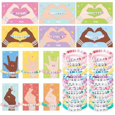 Imagem de CPicdn Pacote com 24 pulseiras de amizade para o Dia dos Namorados, contas coloridas de argila da amizade com cartões de gestos de coração para crianças, escola, sala de aula, troca, presentes